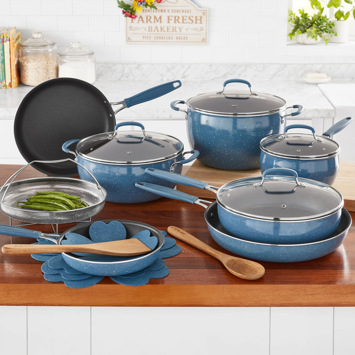 The Pioneer Woman Frontier Speckle 18 Piece Nonstick Aluminum Cookware Set, Blue