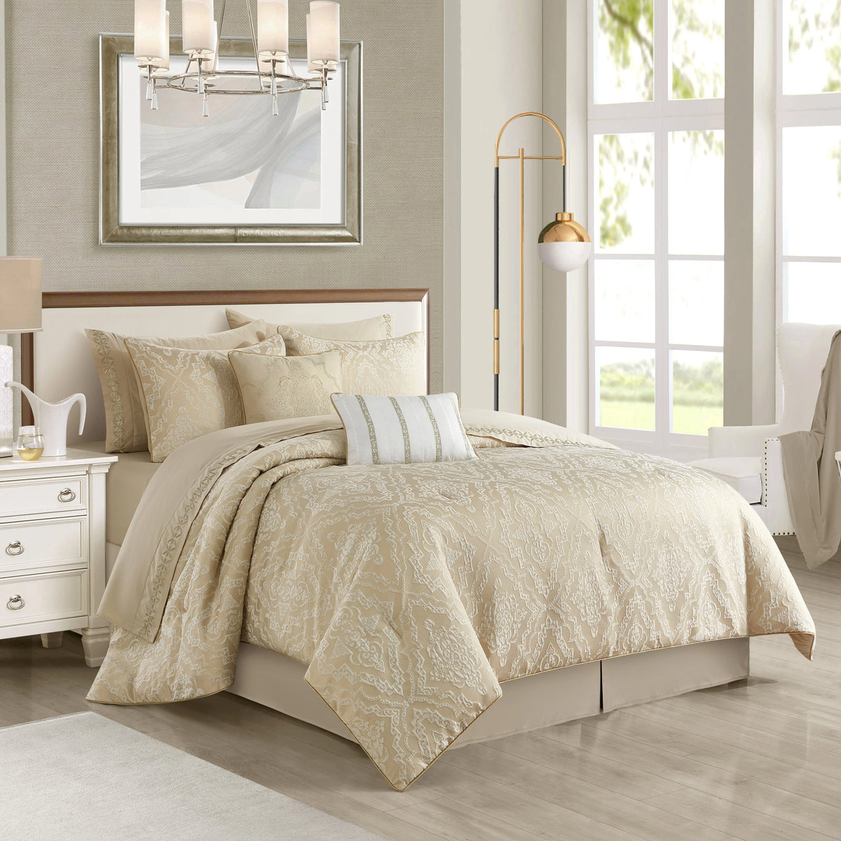Lanco Smoke Grey Comforter Set California King Size, 9 Piece Jacquard Floral Bedding Set, All Season, Ultra-Soft, Matching Pillows & Shams, Bed Skirt