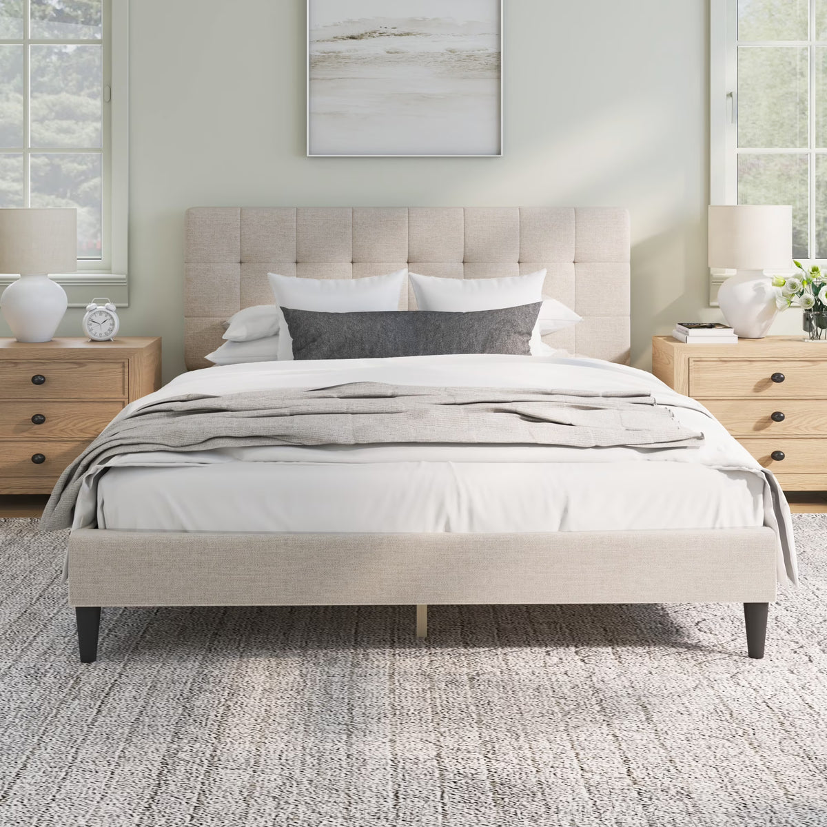 Mainstays Hillside Square Tufted Upholstered Full Platform Bed, Ivory Fabric