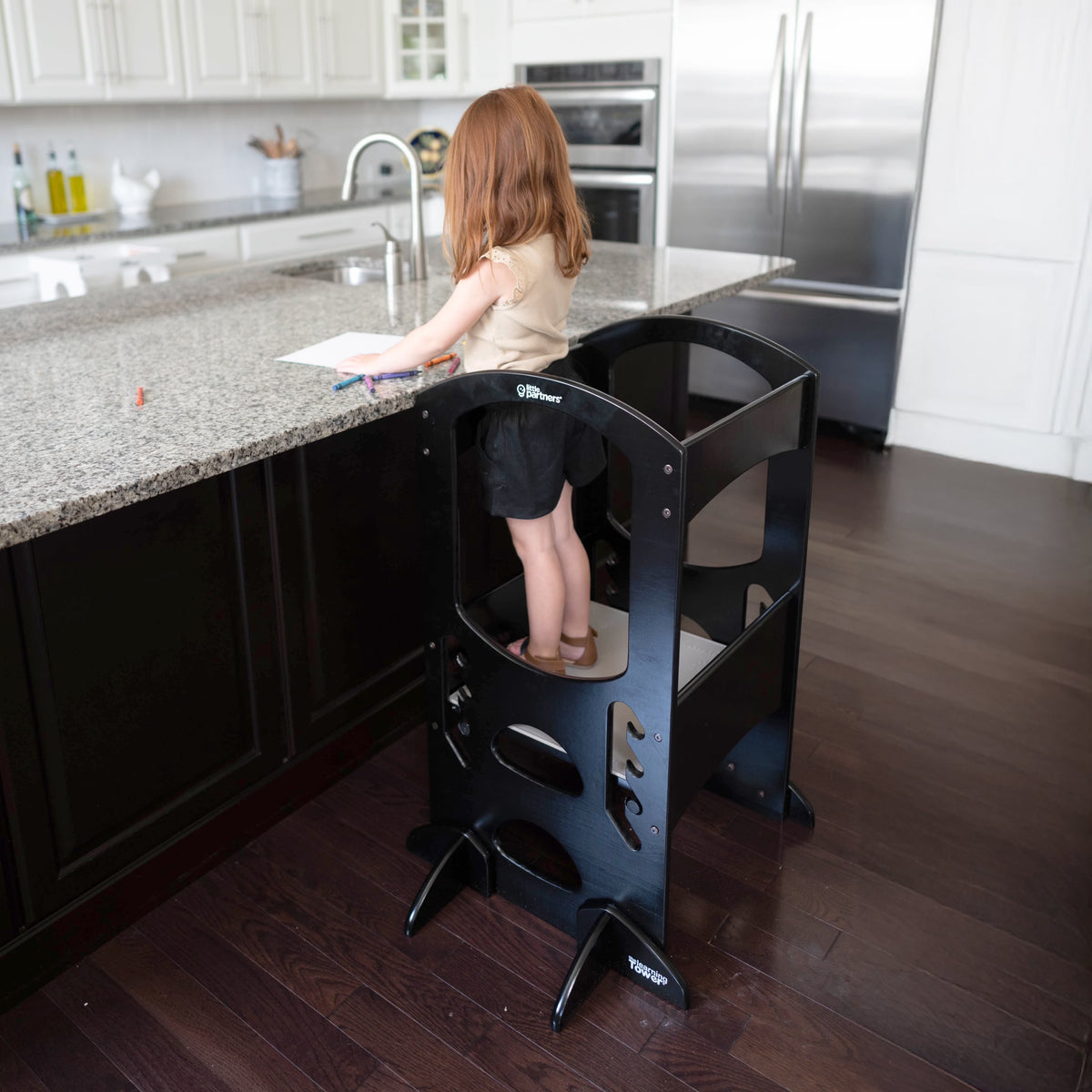 Little Partners Learning Tower Adjustable Height Kitchen Step Stool, Toddler Tower, Encourages Learning, Independence, and Engagement, Safety Climbing Tower for Kitchen Counter - Soft White