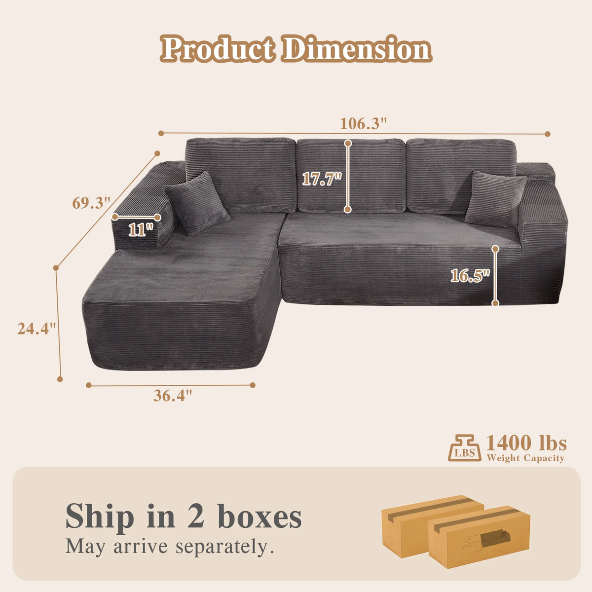 Ovios 106" L-Shaped Sectional Sofa Modern Modular Cloud Couch with Deep Seating Upholstered Sofa for Living Room Bedroom, No Assembly Required, Black(Corduroy)