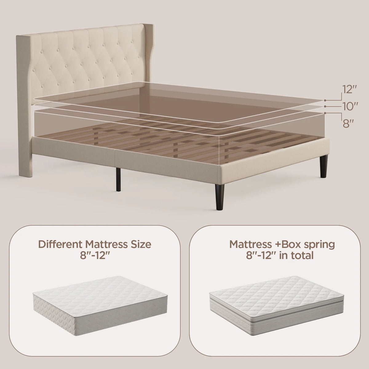 Lofka Queen Size Bed Frame with Upholstered Wingback Headboard Beige Finish