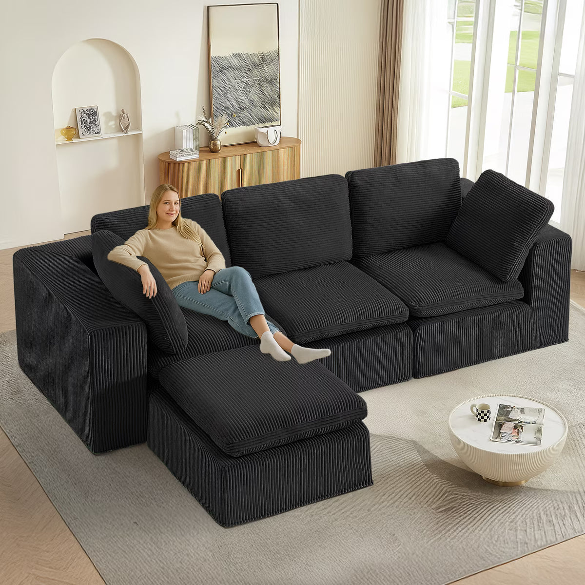 Cloud Sectional Couches for Living Room, Modular L-Shaped Sofa with Ottoman, Corduroy Sleeper Sofa Bed, No Assembly Compression Memory Foam Couch,White