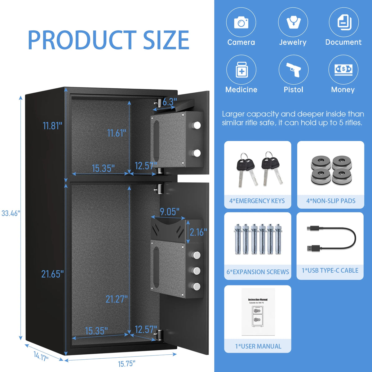 Silkight 6.5 Cu ft Home Safe Box - Fireproof  Depository Drop Safe with Backlit Keypad&Alarm System for Business Home