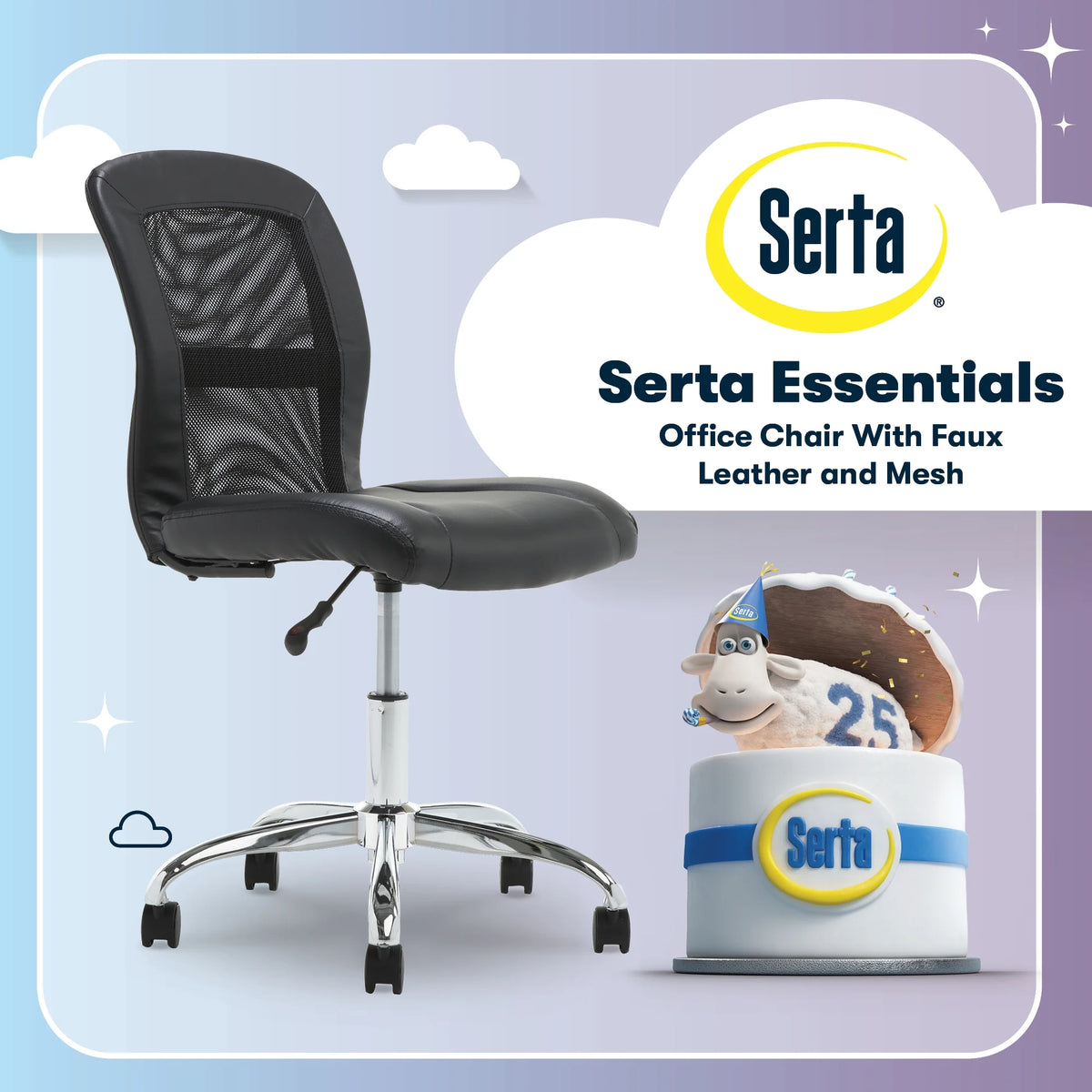 Serta Essentials Armless Task Chair, Faux Leather and Mesh, Cream
