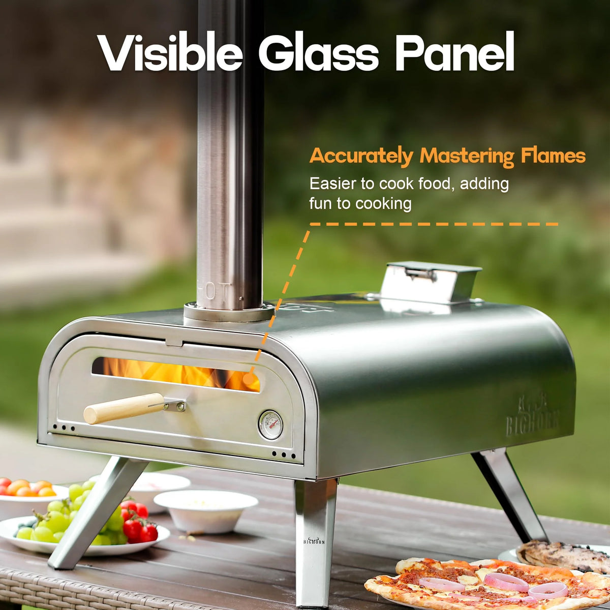 BIG HORN OUTDOORS 16 Inch Pellet Pizza Oven Outdoor, Wood Pellet Pizza Stove with Pizza Stone for Backyard, Camping, Silver