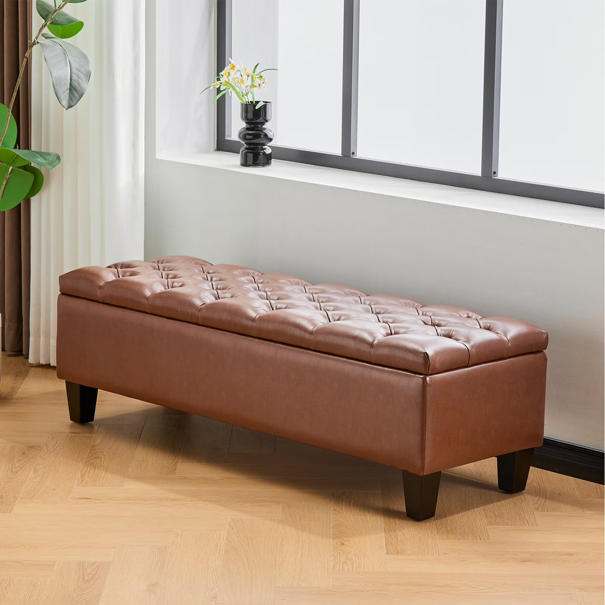 Furniliving Modern Upholstered Button Tufted Storage Ottoman Entryway Bench, Ivory