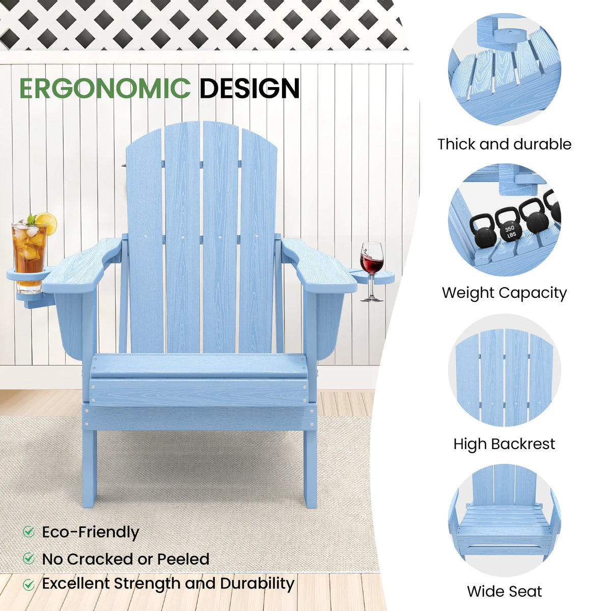 SERWALL Folding Adirondack Chair Set with Dual Cup Holders & Phone Holder, All-Weather HDPE Fire Pit Chairs for Outdoor, Patio, Poolside, Garden - Black