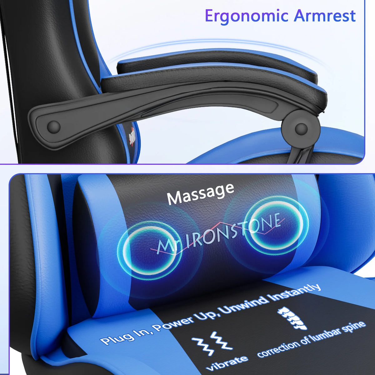 Mr IRONSTONE Office Gaming Chair with Footrest & Lumbar Support, Ergonomic Adjustable Computer Chair with Swivel Seat & Headrest, Blue