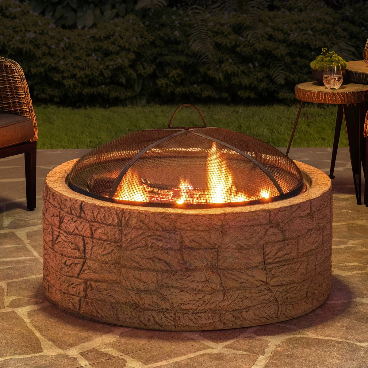 Sunjoy Stone Fire Pit 26 Inch, Outdoor Round Wood Burning Fire Pits with Spark Screen and Poker  Grey