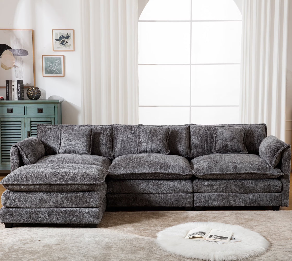 GNIXUU 112" Oversized Sectional Sofa Cloud Couch for Living Room, Modern Chenille L Shaped Couch, Comfy Boucle Modular Sofa Sleeper with Moveable Ottoman & Memory Foam (Green)