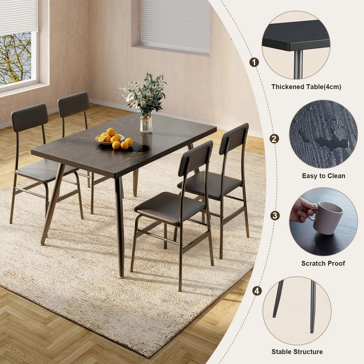 Aiho 5-Piece Modern Dining Set, Metal & Wood Table & 4 Chairs, Space-Saving for Small Spaces & Apartments, Retro
