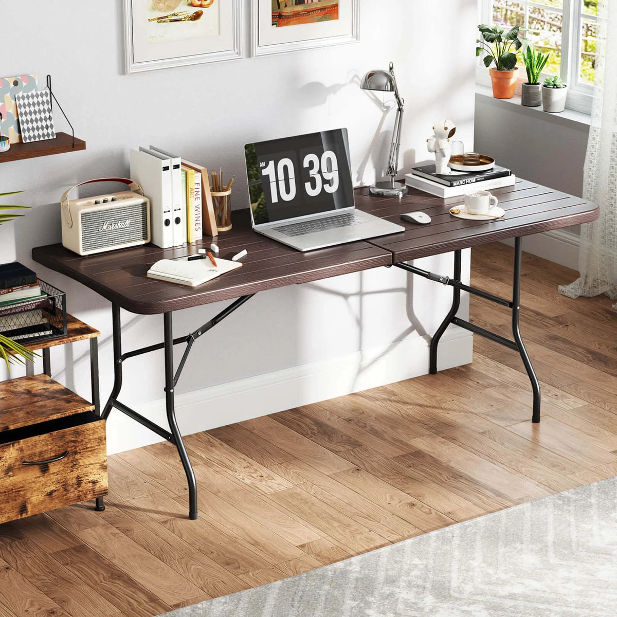 Costway 6 ft Portable Folding Table with Wood Grain HDPE Tabletop Safe Lock Mechanism Gray