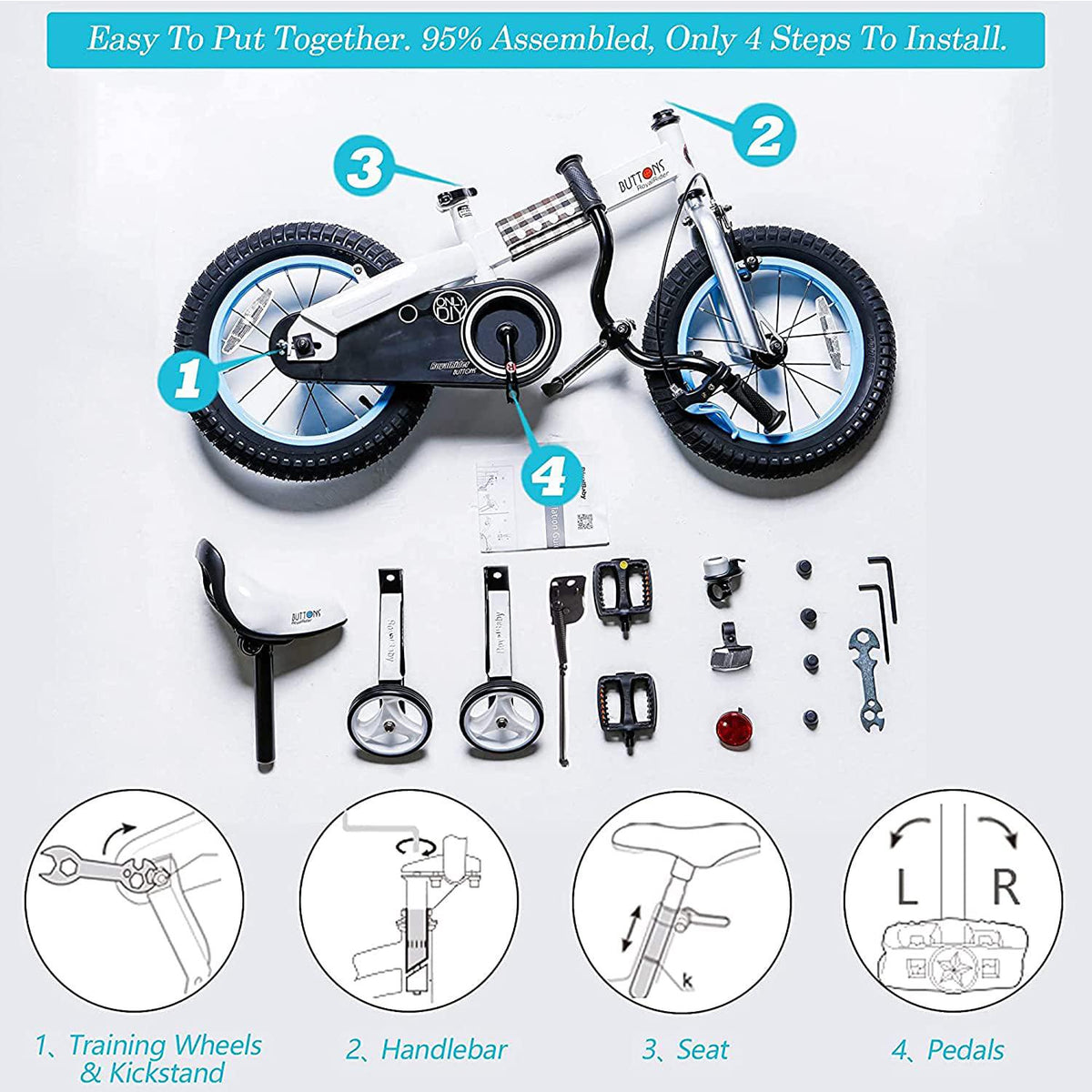 RoyalBaby Buttons Blue 16 inch Kid-s Bicycle With Training Wheels and Kickstand