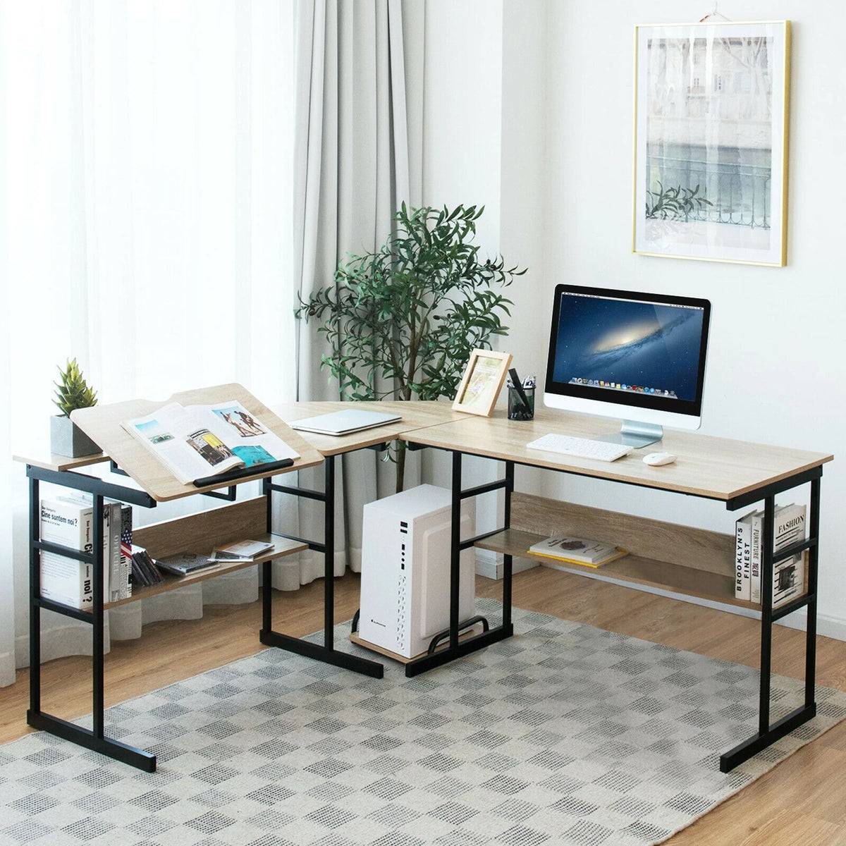 Gymax L-Shaped Computer Desk Drafting Table Workstation w/ Tiltable Tabletop Natural