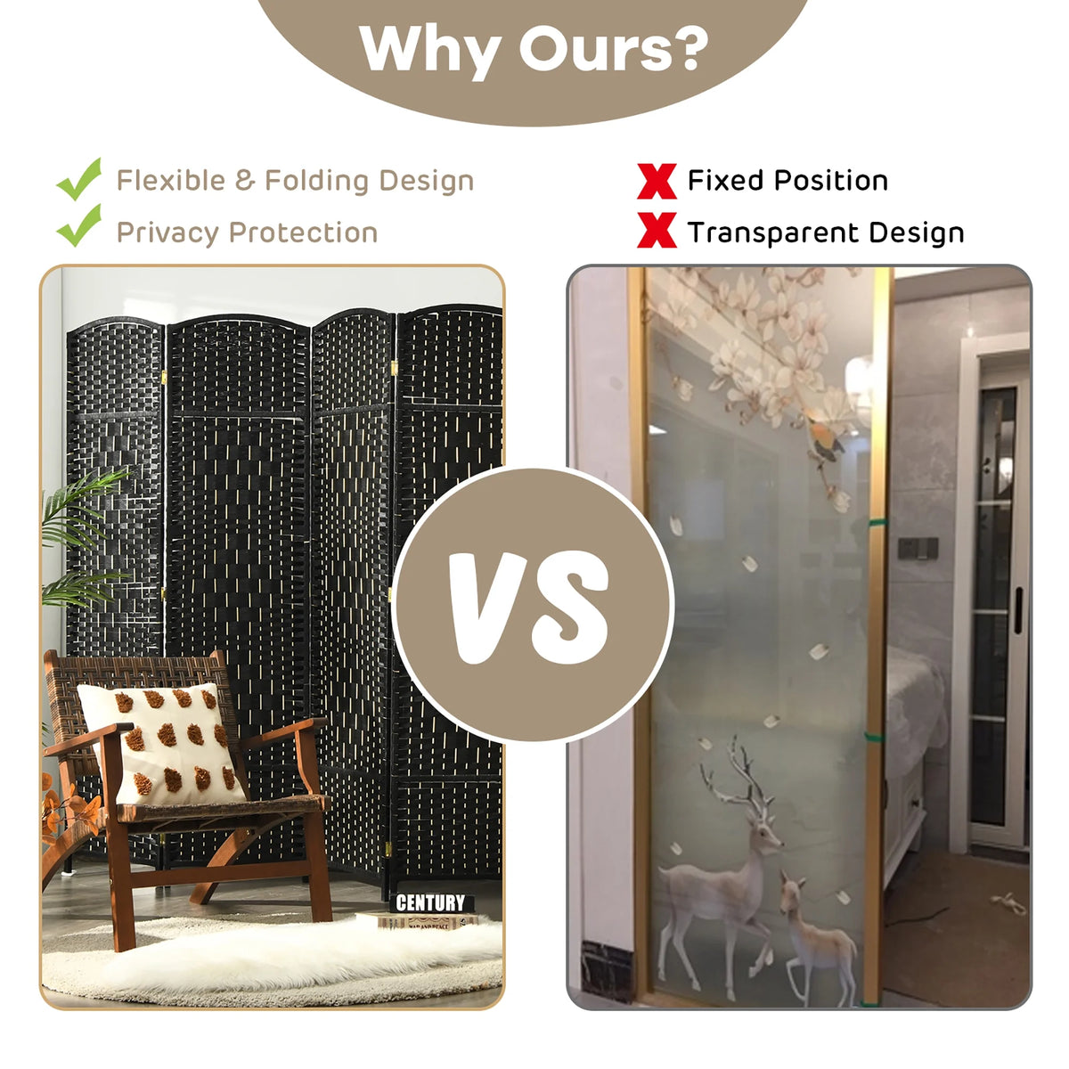 Costway 6-Panel Room Divider 6Ft Weave Fiber Folding Privacy Screen Brown