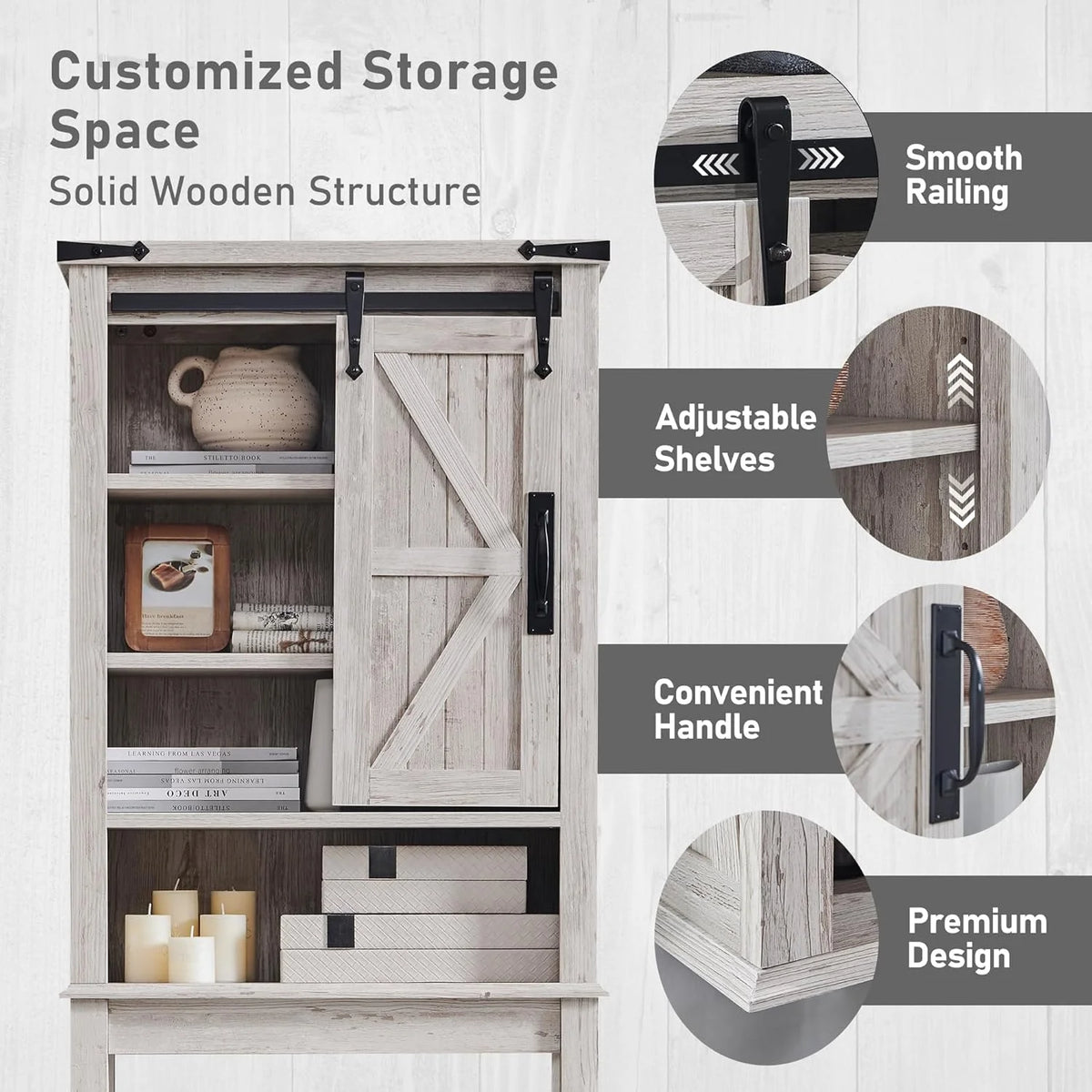 OKD 68In Farmhouse Over The Toilet Storage Cabinet with Sliding Bathroom Organizers and Storage Barn Door & Adjustable Shelves, Dark Rustic Oak