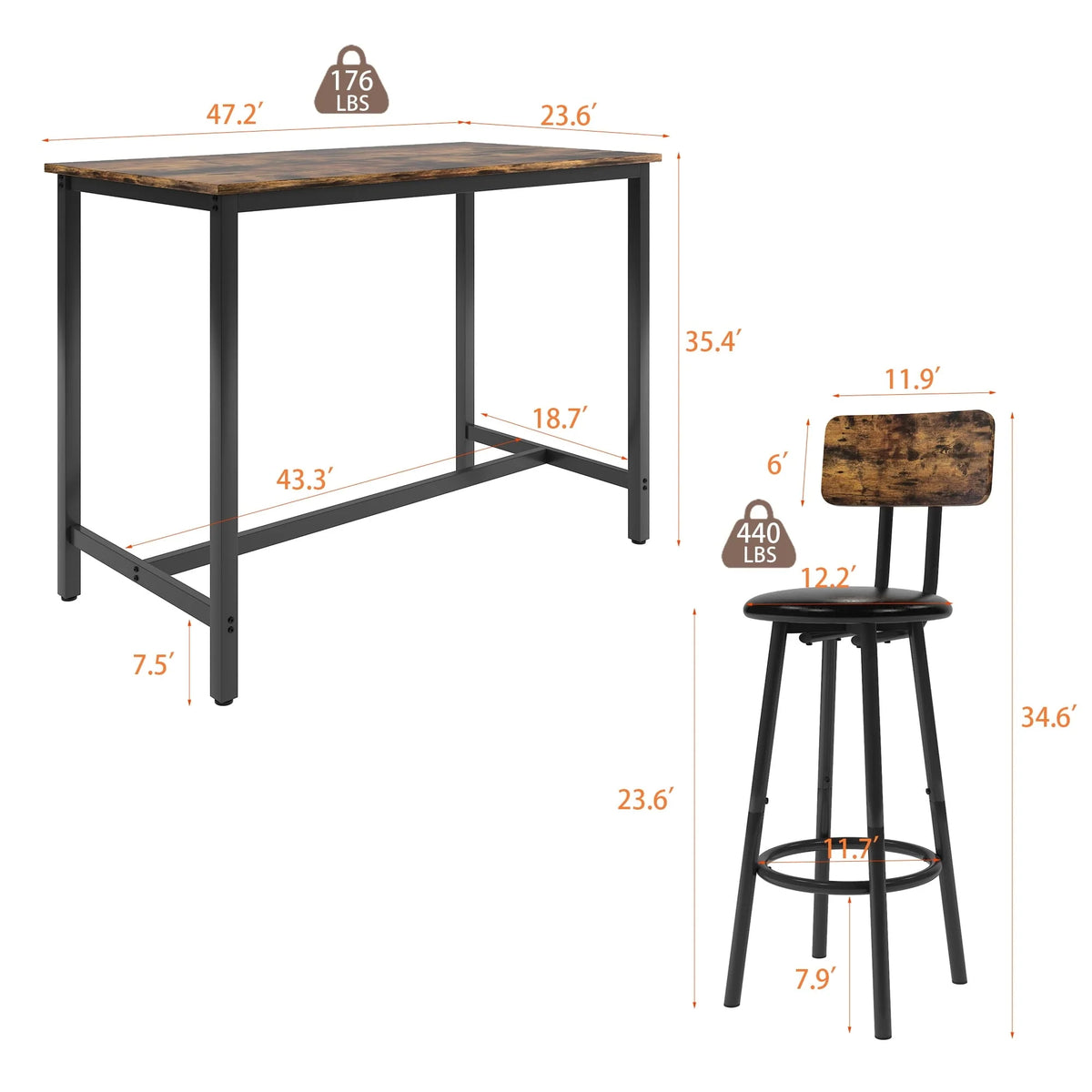 SYNGAR 5 Piece Bar Table Set, Modern Counter Height Dining Set, Home Dining Table and Chairs Set for 4, Kitchen Breakfast Table Set with 4 Cushioned Stools, Bistro Pub Table Set, Rustic Brown