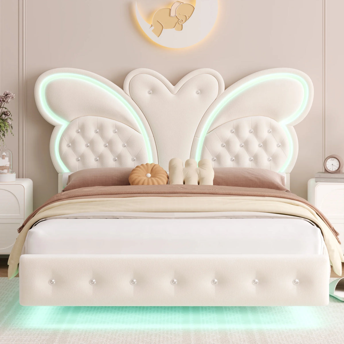 Homfa Twin Size Velvet Upholstered Bed with LED Lights, Floating Platform Bed Frame with Butterfly Crystal Button Tufted Headboard, Pink