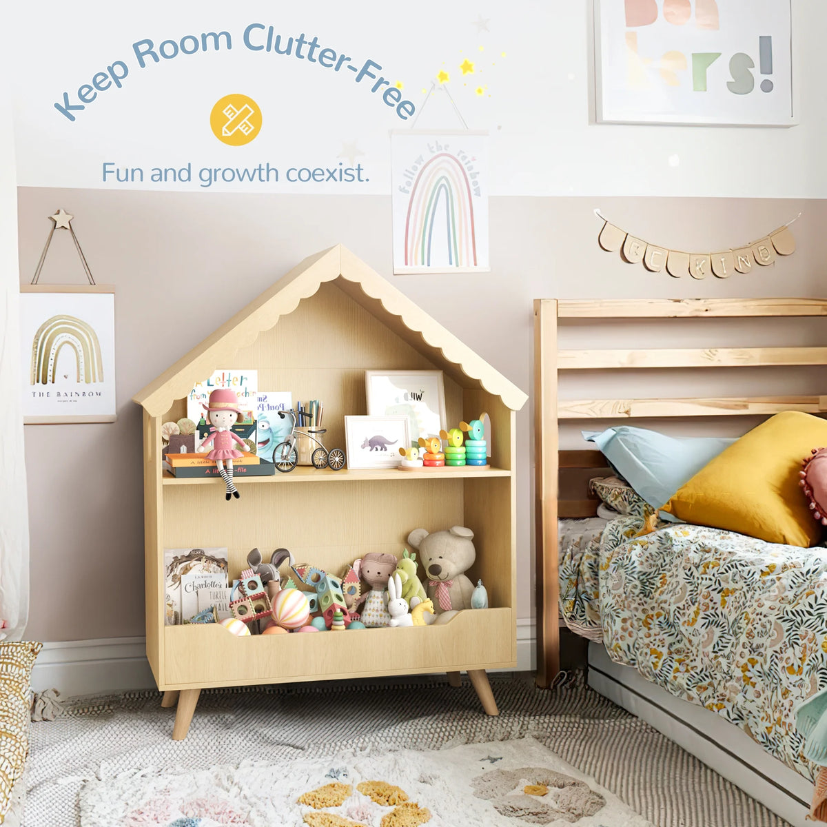 Curipeer 2-Tier Kids Bookshelf, Toy Storage Organizer with Motion-Activated Light, White