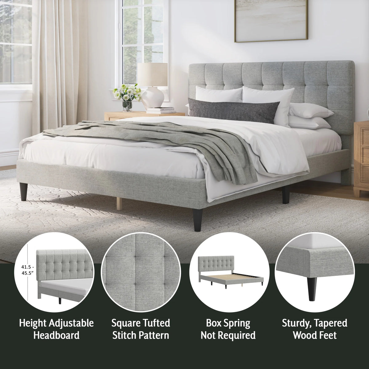 Mainstays Hillside Square Tufted Upholstered Full Platform Bed, Ivory Fabric