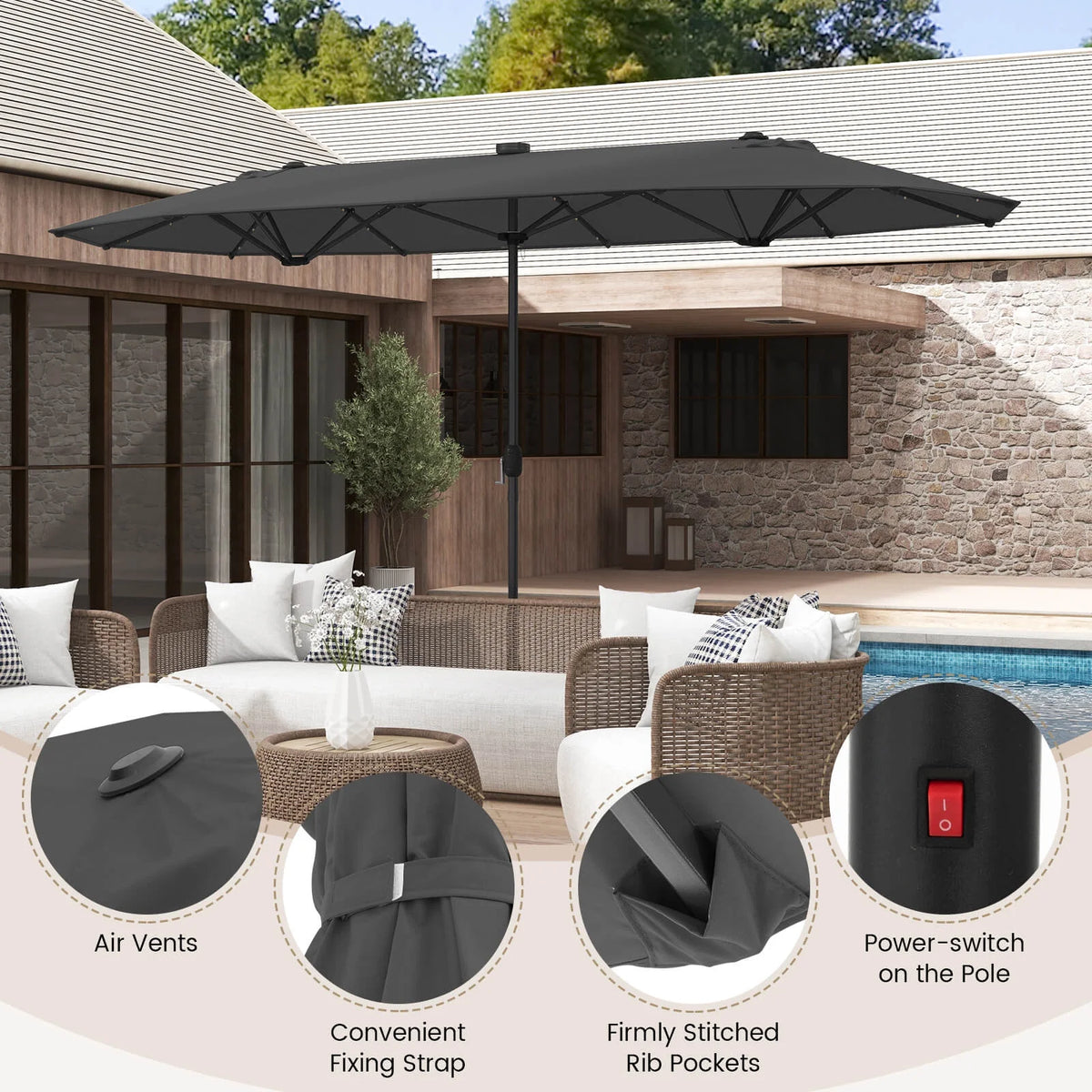 Costway 13ft Beige Rectangle Double-sided Patio Umbrella, Crank Lift