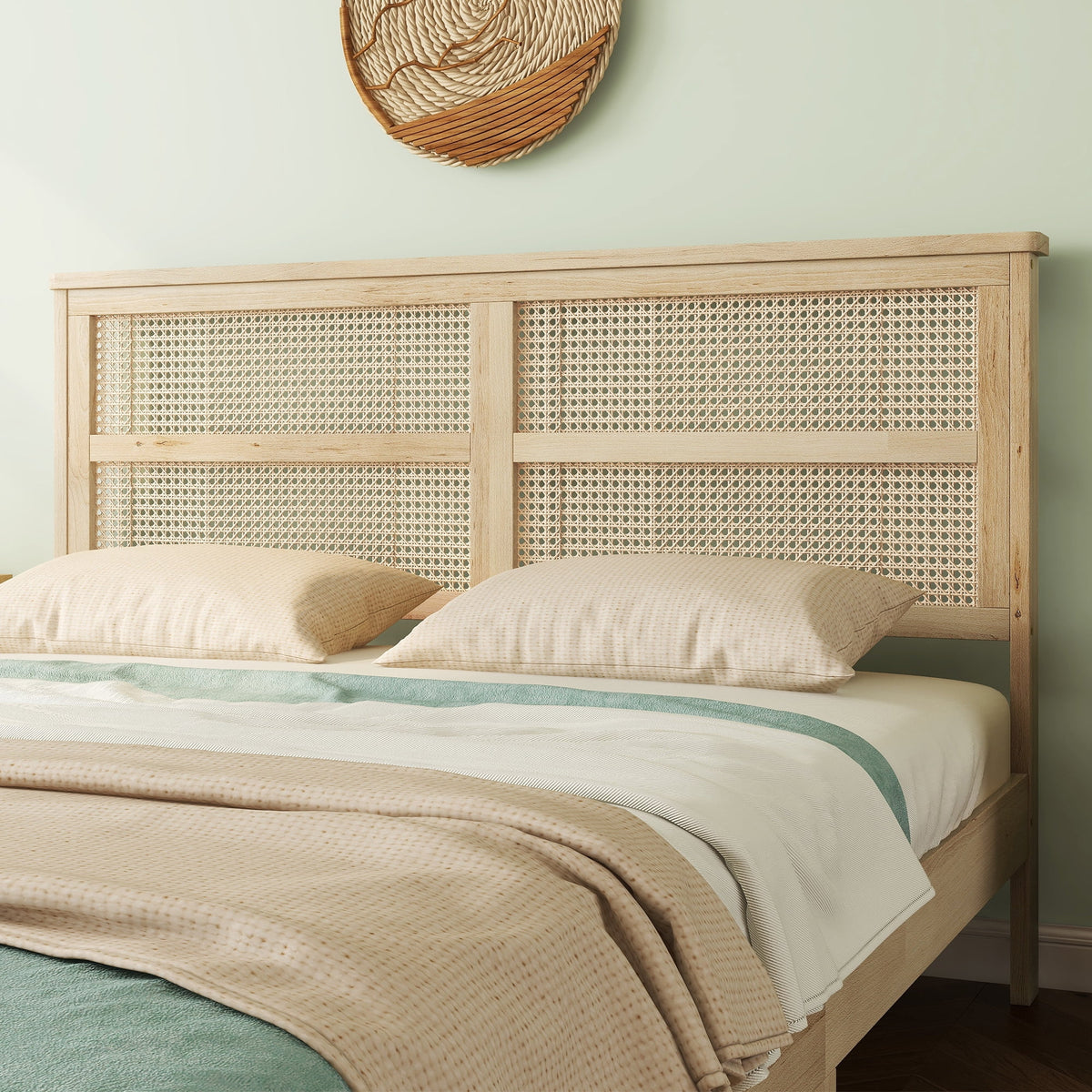 Miniyam Wood Queen Size Bed with with Rattan Headboard for Adult, Brown
