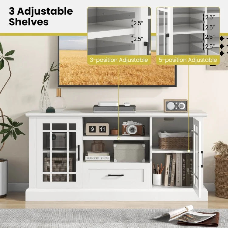 TV Stand for TVs up to 70  with Glass Doors Cubbies and Drawer