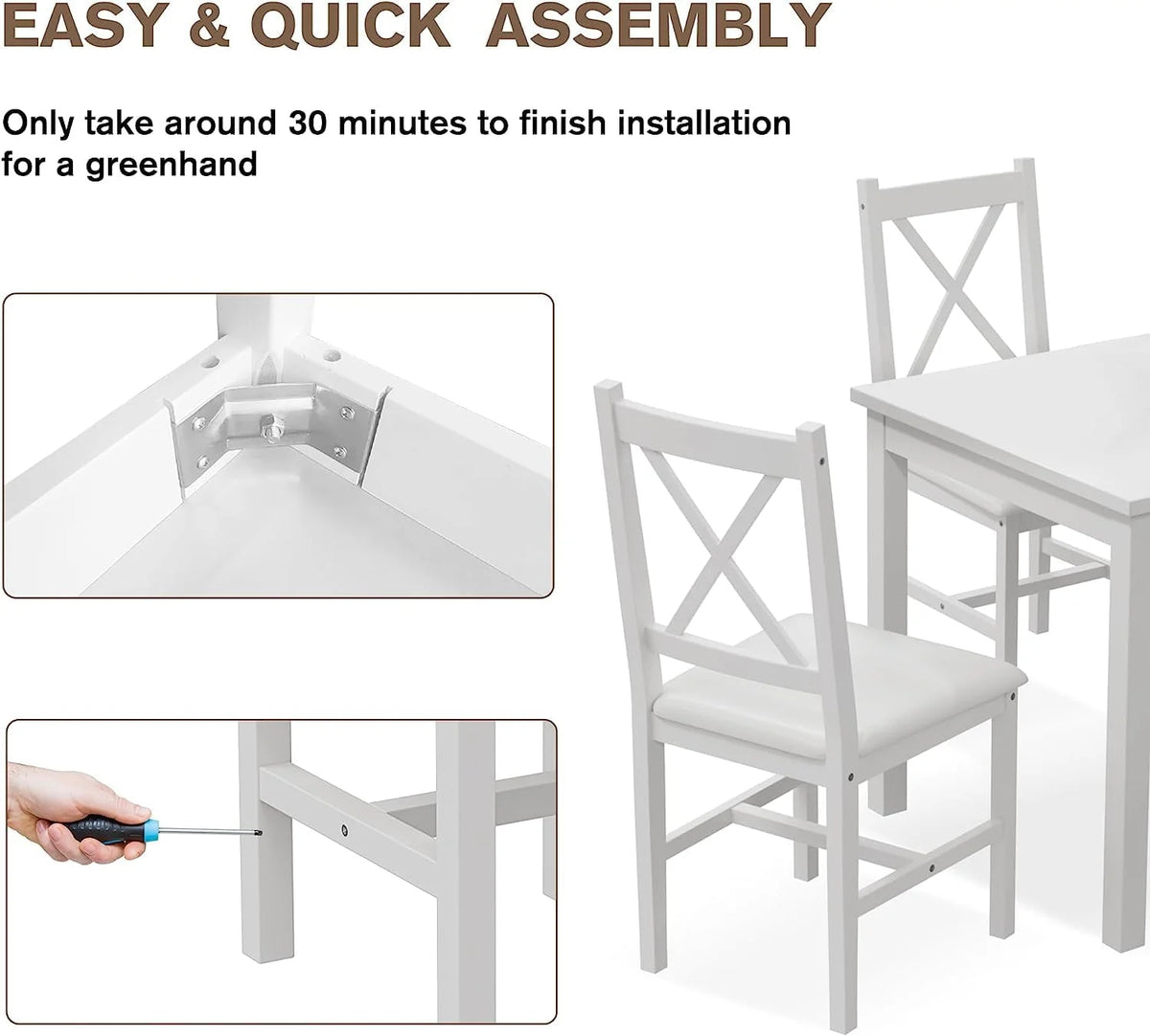 Alohappy Dining Room Table Set for 4, 5 Piece Kitchen Table Set, Morden Wood Rectangle Breakfast Table and Chairs for Small Space, Easy Assembly (White)