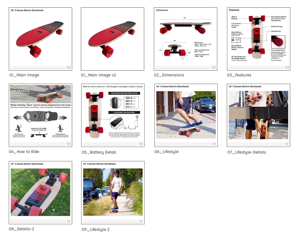 M8TRX EB100 Electric Skateboard, Gravity Sensor Riding, 300 Watt, 28" Deck, 10 MPH, Red