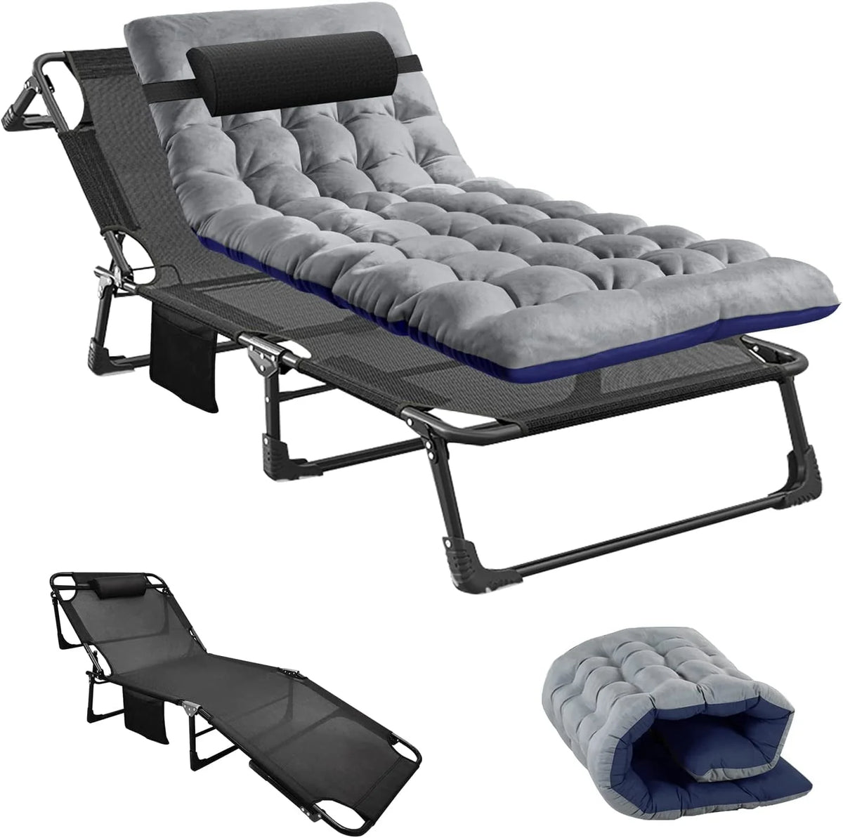 ABORON Folding Camping Cot with 2-Sided Pad & Pillow for Adults & Kids, Adjustable 5-Position Folding Lounge Chair, Folding Cot, Sleeping Cots Bed