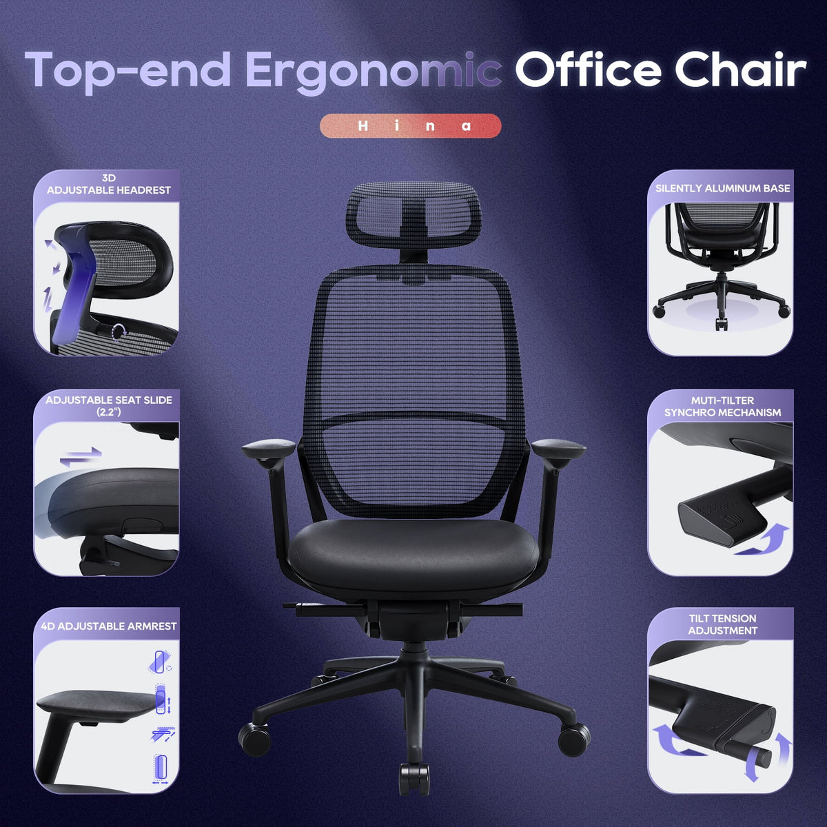 Ergonomic Office Chair, High Back Mesh Desk Chair with Adjustable Lumbar Support, Reclining Backrest, 4D Armrests, Breathable Mesh, Comfortable Computer Chair for Home Office, Work,Study