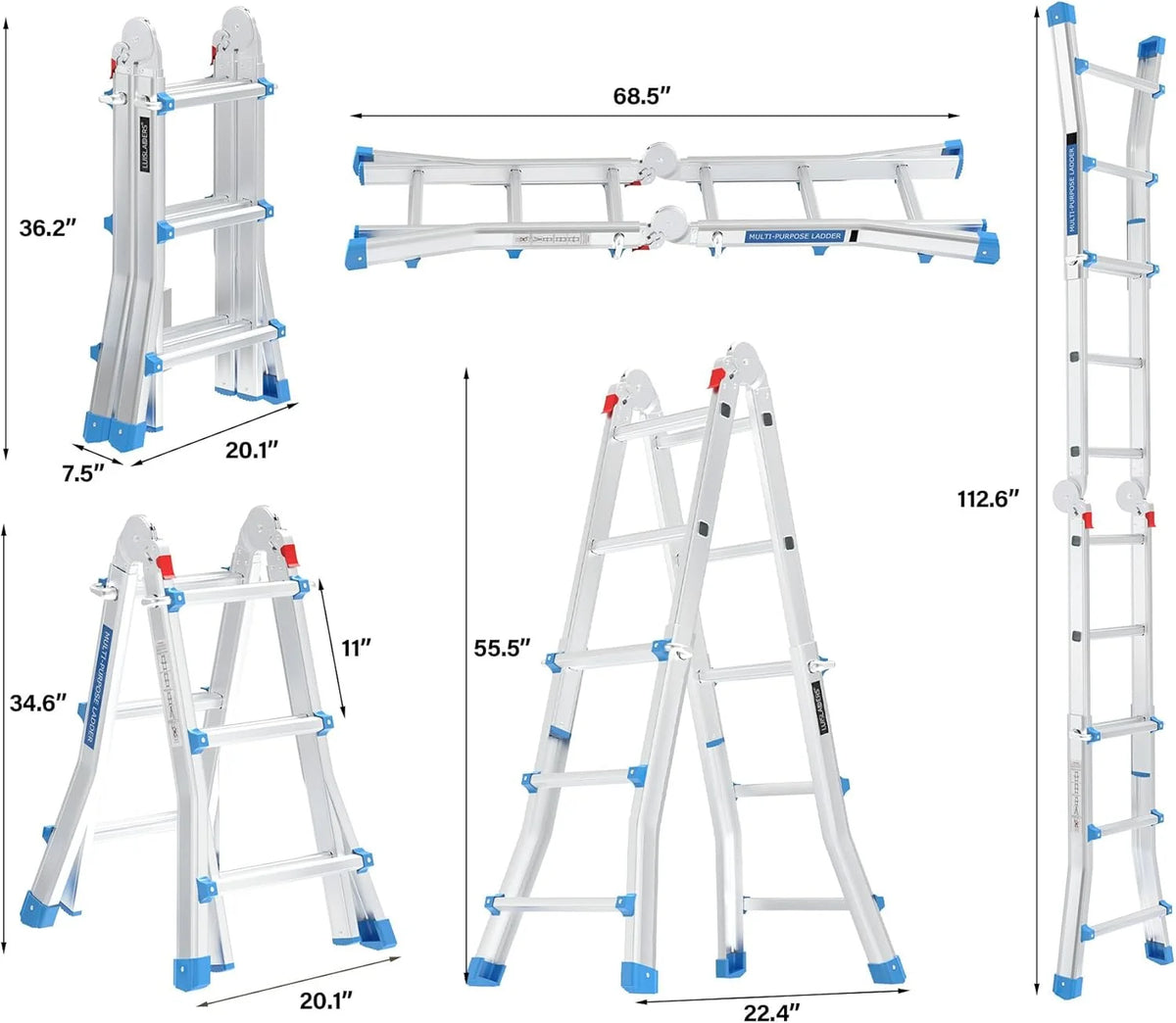 LUISLADDERS Ladder, A Frame 6 Step Ladder Telescoping Ladder, 22 Ft Reach Height Muti Position Folding Ladder Flared Leg & Wheels Design, 330 lbs Capacity Extension Ladder for Household Outdoor Work