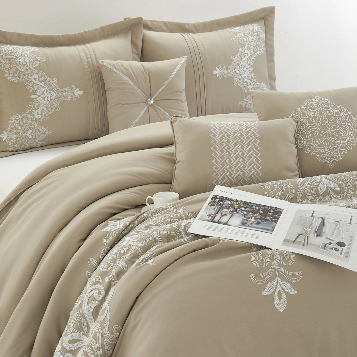 Lanco Taupe Damask Patchwork Queen Size Comforter Set, 7 Piece, Chain Stitching Embroidery Ultra Soft, Premium Microfiber, All Season