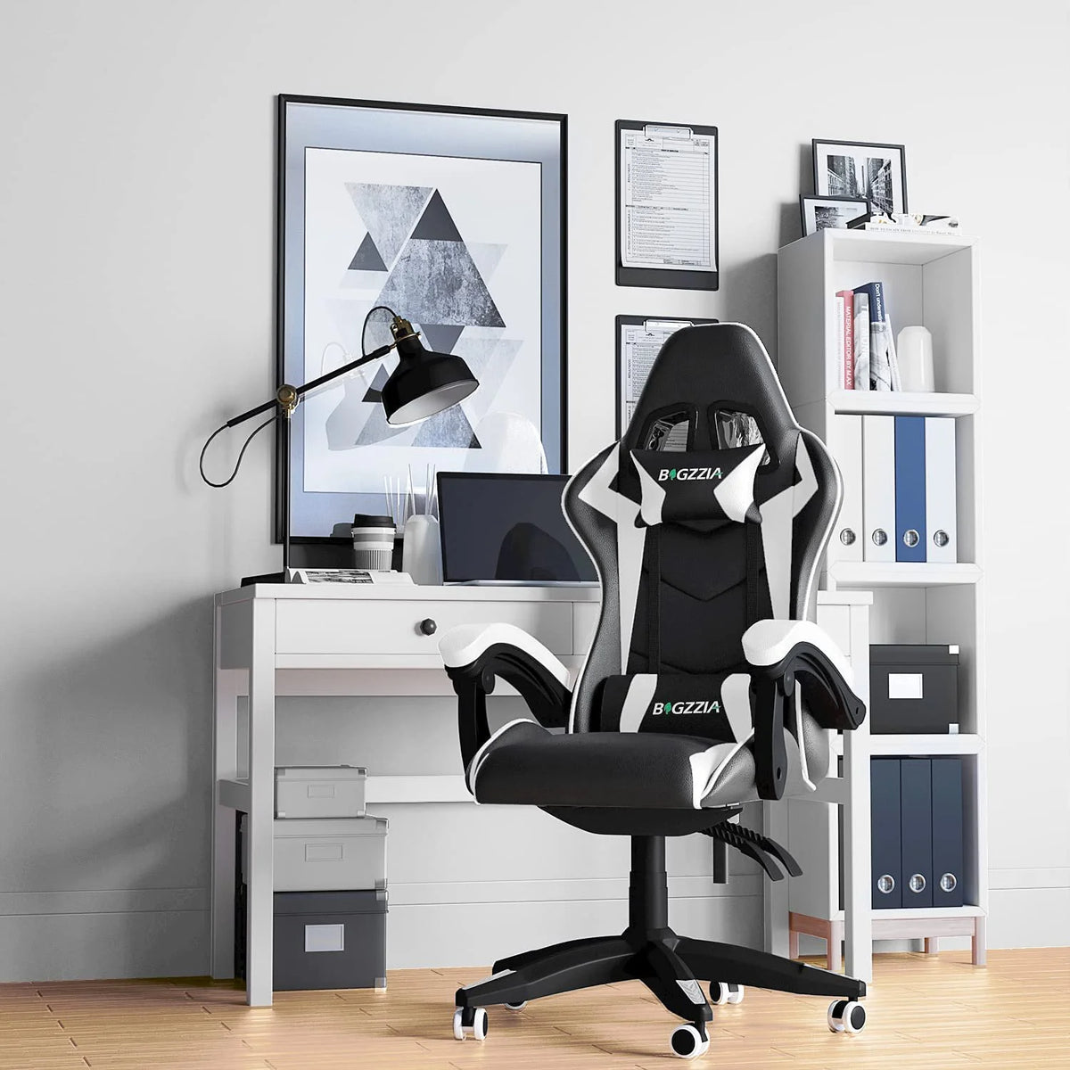 Bigzzia Gaming Chair Pu Leather Office Chair with Ergonomic Lumbar Pillow, Reclining Racing Game Chair Backrest and Seat Height Adjustable Swivel Recliner,Esports Chair with Headrest,Blue