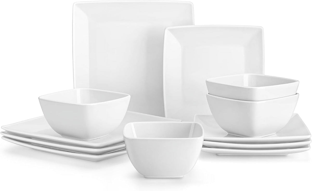 Dinnerware Sets 12 Pieces, Stoneware Square Place Setting, Dinner Plate, Dessert Plate, Bowls Service for 4