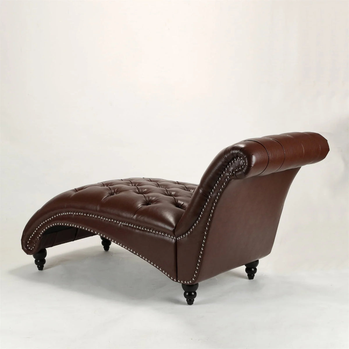 PU Leather Tufted Chaise Lounge Chair, Single Sofa Chaise Chair with Nailhead Trim and Turned Legs for Living Room Bedroom, Brown