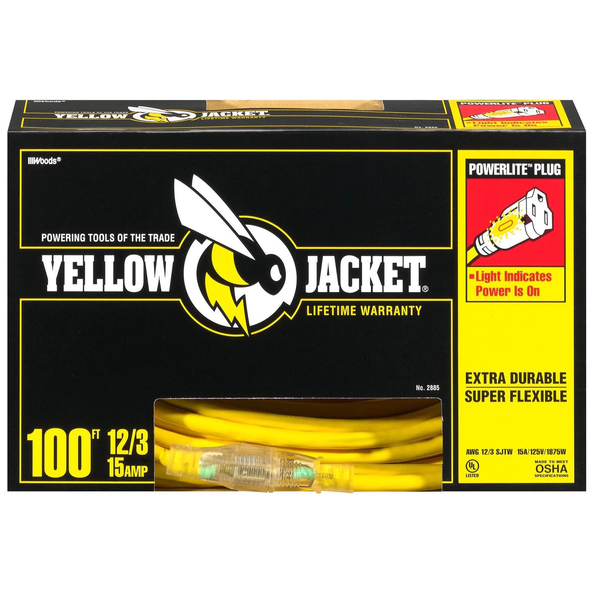 Yellow Jacket 2885 12/3 100' Yellow SJTW Heavy-Duty Extension Cord