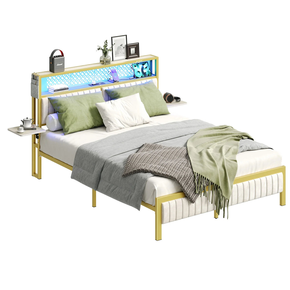 Bestier Queen Size Platform Bed Frame with Wood Foldable Bedside Shelves and LED Storage Headboard Charge Station, Gray