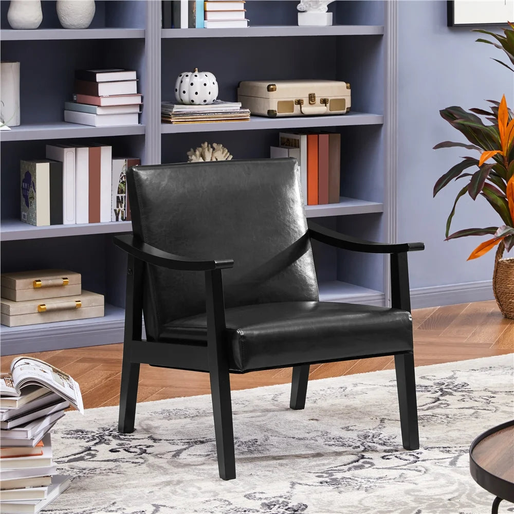 Yaheetech Mid-Century Upholstered Faux Leather Armchair with Solid Wood Legs,Brown