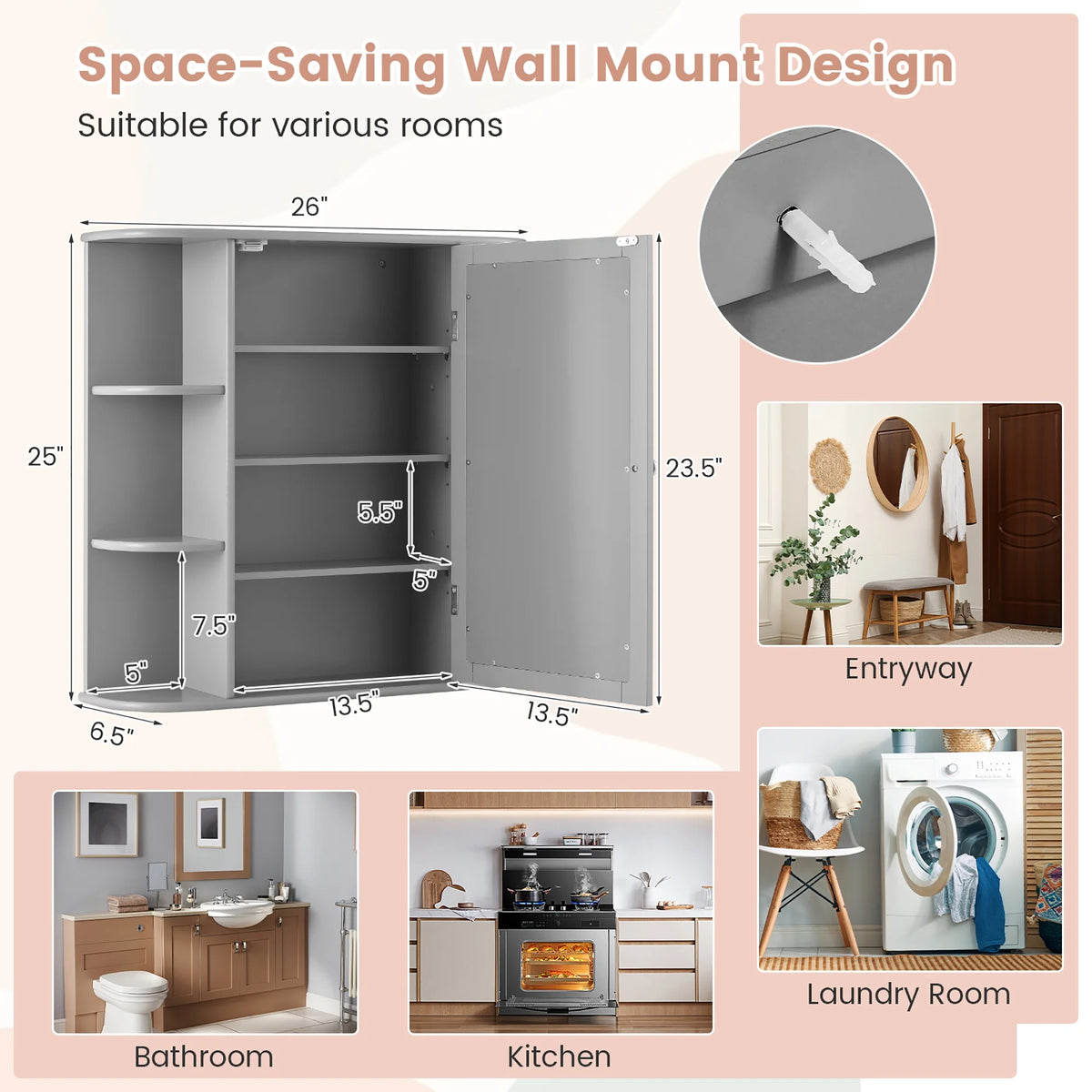 Costway, White, Medium Density Fiberboard, Multipurpose Mount Wall Surface Cabinet Mirror Glass, 26.00 x 6.50 x 23.50 Inches