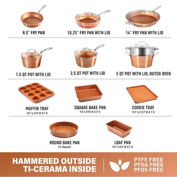 Hammered Copper 17-Piece Aluminum Nonstick Cookware Set