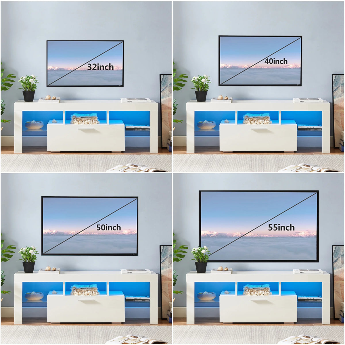 UHOMEPRO TV Stand for TV up to 70", Living Room Entertainment Center with RGB LED Lights and Storage Shelves Furniture, White High Gloss TV Cabinet Console Table