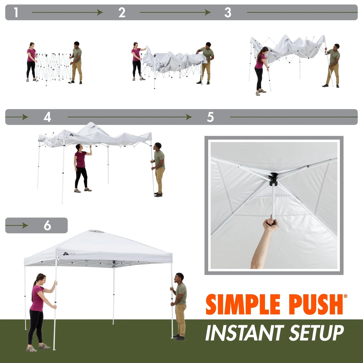 Ozark Trail Simple Push Straight Leg Instant Canopy, White, 10 ft x 10 ft