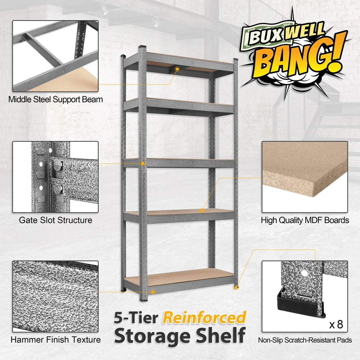 BuxWellBang 5-Shelf Heavy Duty Shelving - Adjustable Garage Storage Shelves