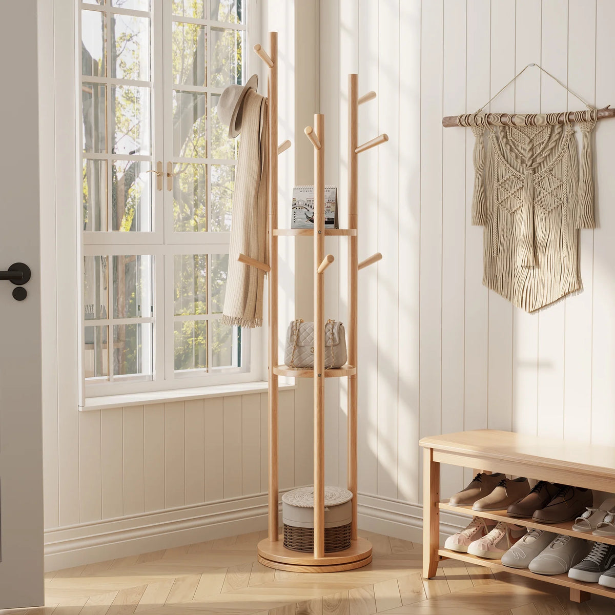 KASLANDI Solid Wood Rotary Coat Rack with 3 Shelves & 9 Hooks, Freestanding Hall Tree Stand, Coat Tree for Entryway, Living Room, Walnut, Easy Assembly