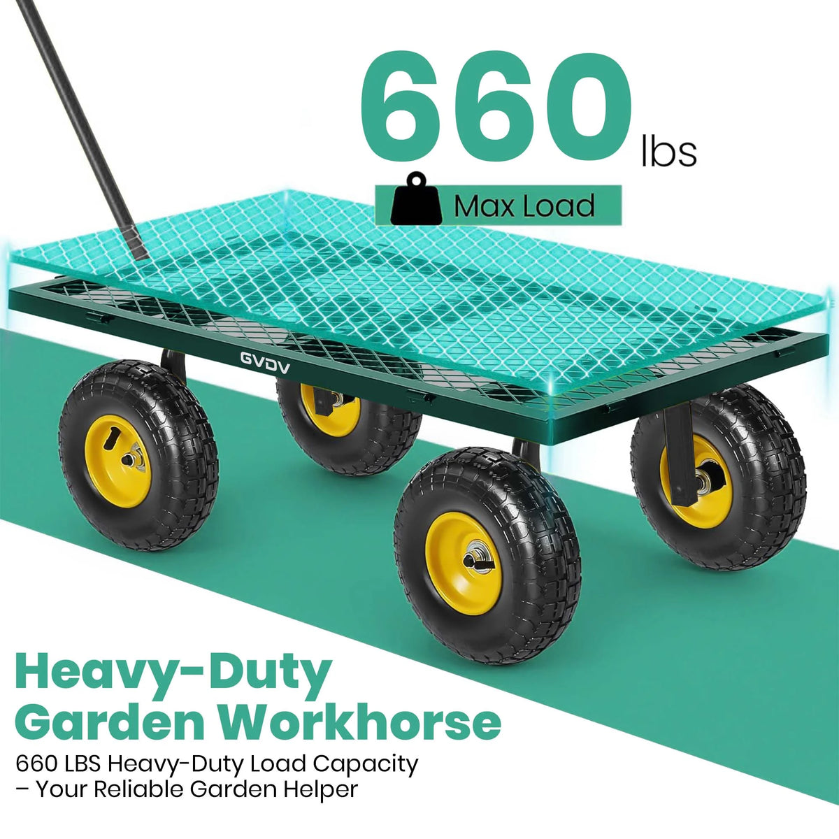 GVDV Heavy Duty Steel Garden Cart with Liner, 660lbs Capacity, 3 Cu ft, 10" All-Terrain Wheels, Black/Yellow �C Durable Utility Cart for Yard Work, Hauling, and Outdoor Use