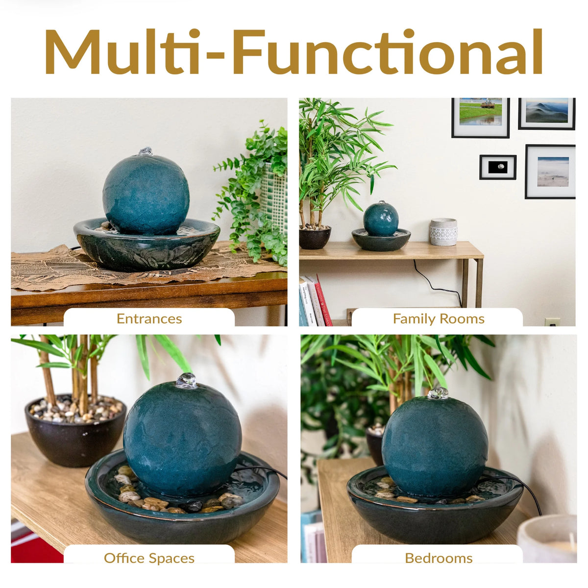 Sunnydaze Modern Teal Ceramic Tabletop Water Fountain with Orb