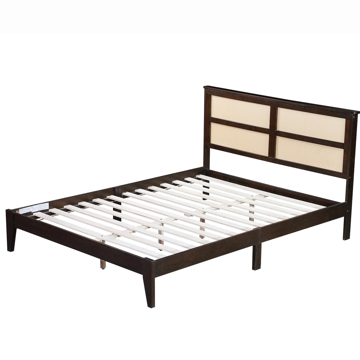Miniyam Wood Queen Size Bed with with Rattan Headboard for Adult, Brown