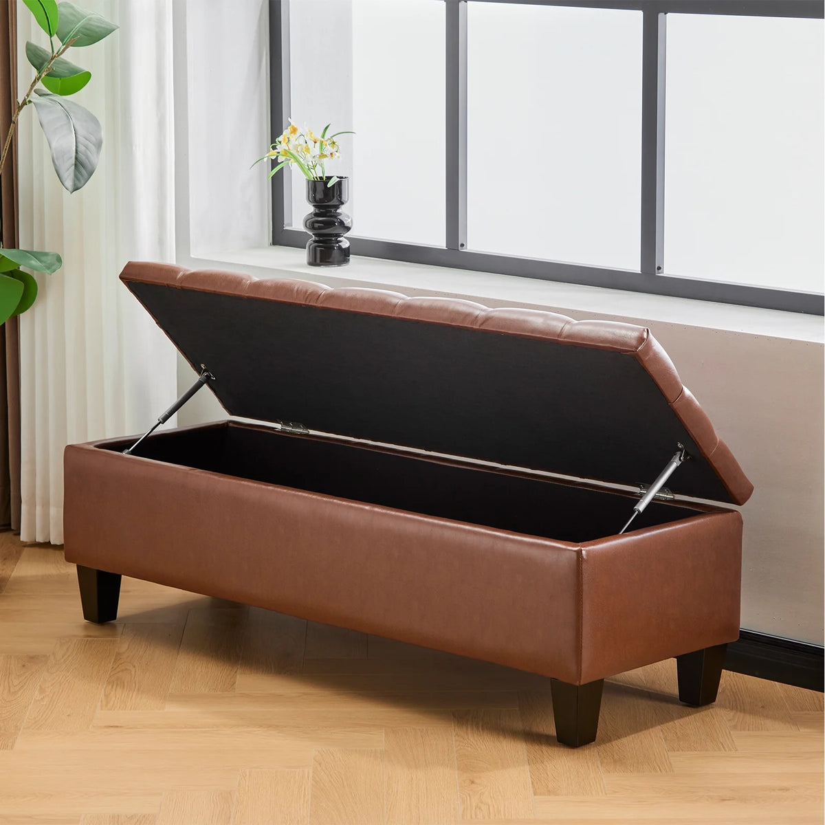 Furniliving Modern Upholstered Button Tufted Storage Ottoman Entryway Bench, Ivory